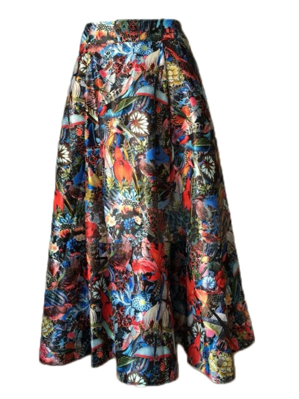 Alice + Olivia Black Floral A-Line Midi Skirt with Red & Blue Accents